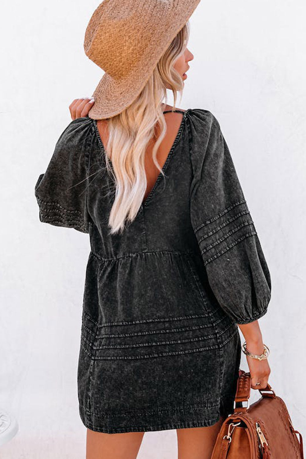 Black Pleated V Neck Puff Sleeve Denim Babydoll Dress HannaBanna Clothing Black Pleated V Neck Puff Sleeve Denim Babydoll Dress HannaBanna Clothing
