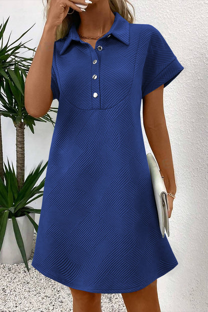 Sky Blue Solid Color Textured Short Sleeve A Line Mini Dress