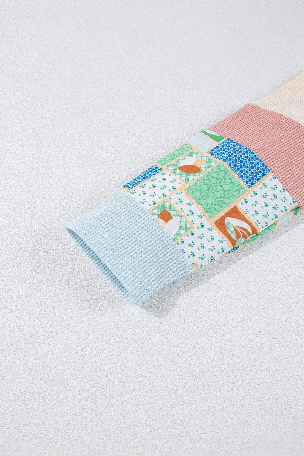 Rose Pink Floral Patchwork Waffle Color Block Pullover Top