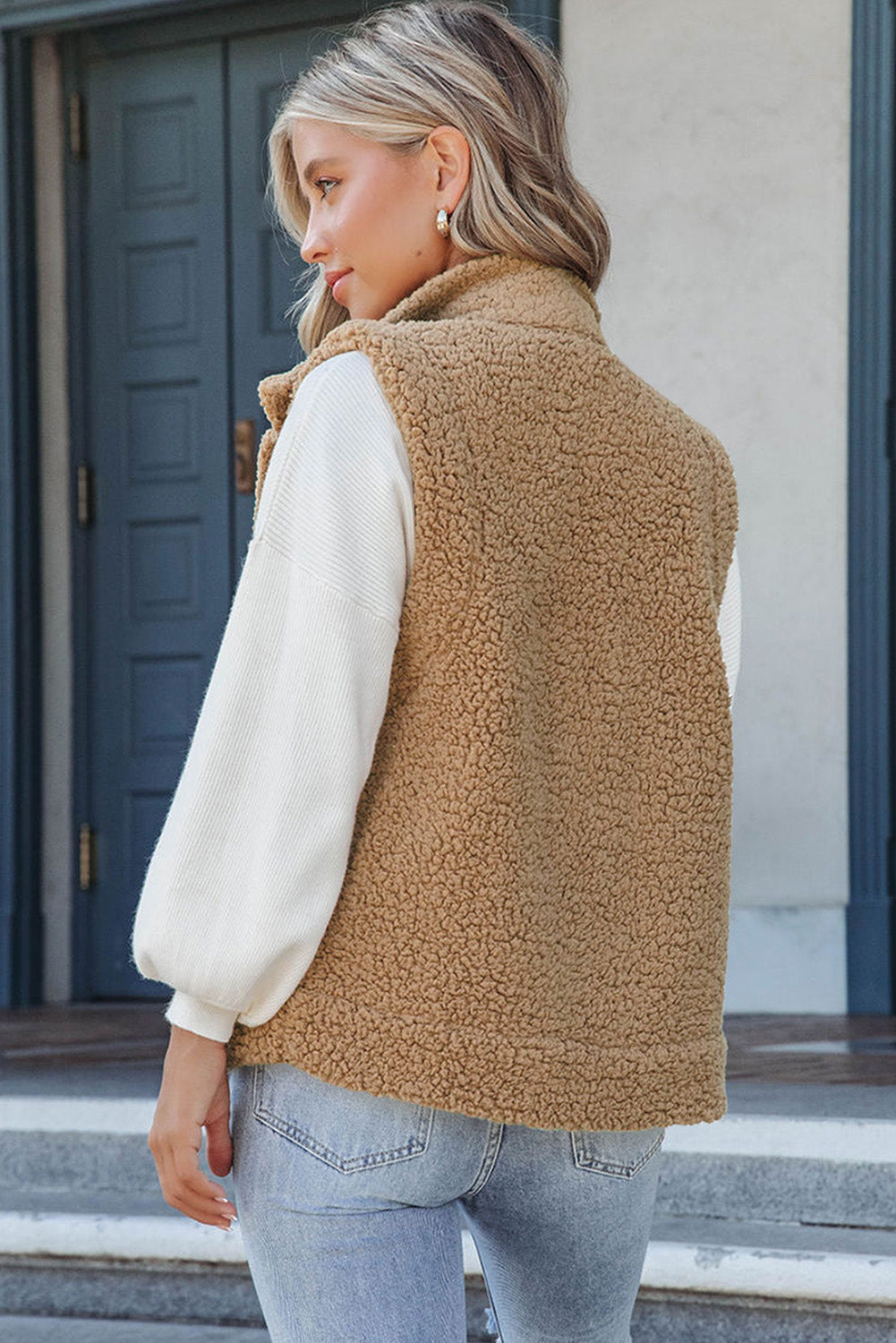 Green Snap Button Pocketed Sherpa Vest Jacket