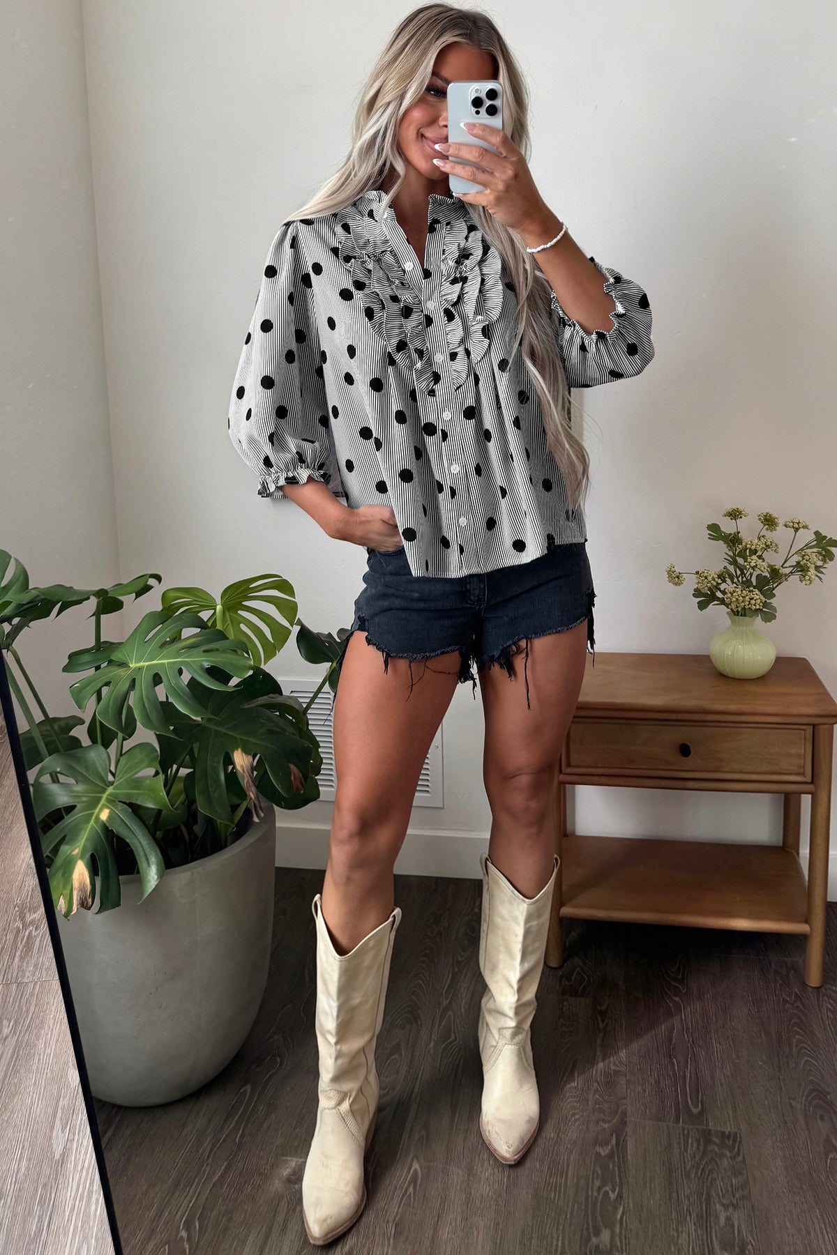 Black white Polka Dot Striped Print Ruffle Stand Neck 3/4 Sleeve Shift Shirt