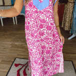 Pink Floral Print Color Block Patchwork V Neck Short Sleeve Midi Dress