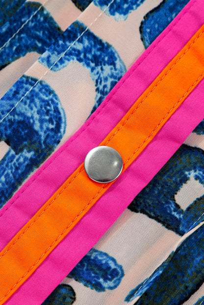 Mini-robe boutonnée à manches bouffantes et imprimé abstrait beige