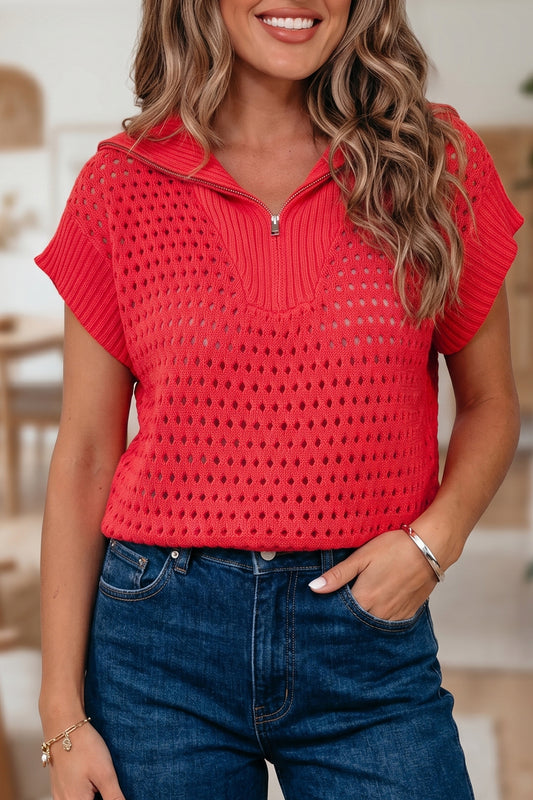 Fiery Red Solid Color Hollowed Knit Short Sleeve Zipper Collar Knitwear Top