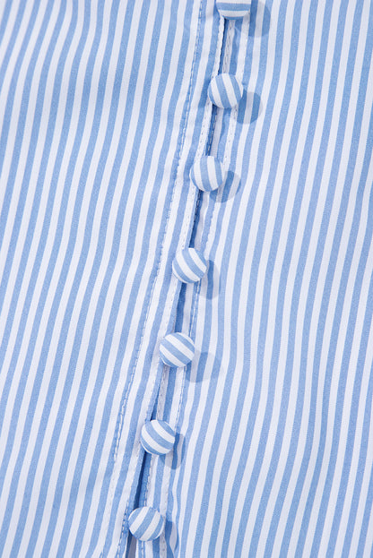 Sky Blue Stripe Ruffled Collar Puff Sleeve Half Buttons Blouse