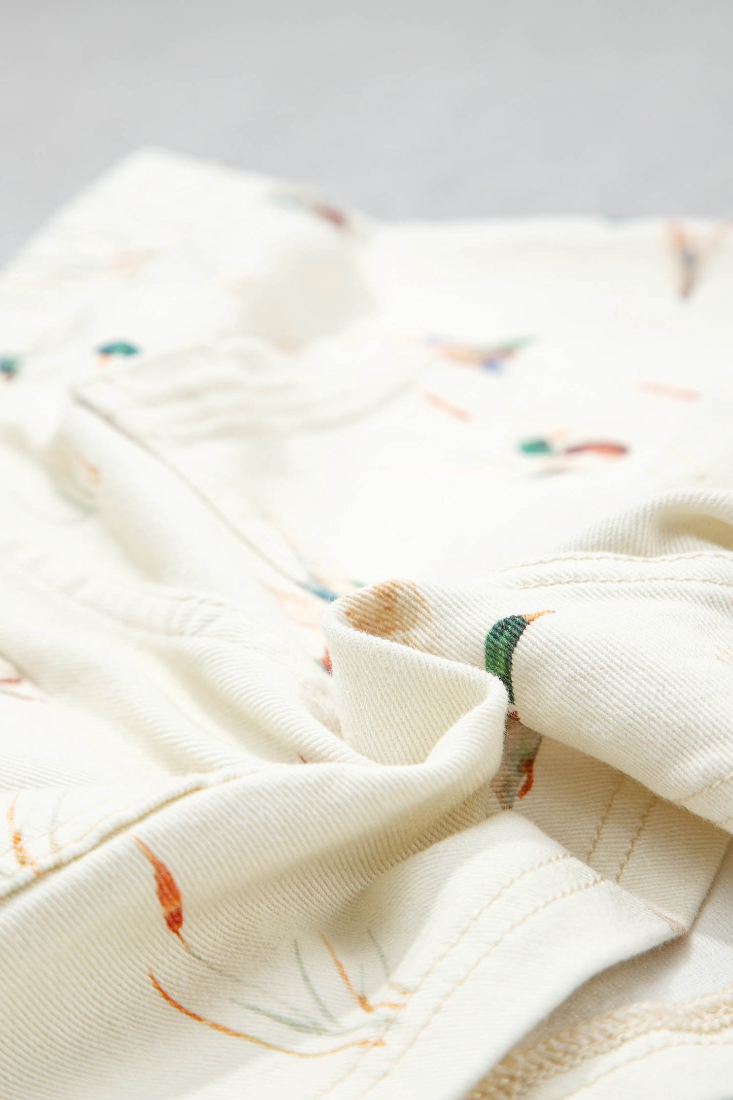 Beige Wild Duck Mallard Printed Drawstring Denim Shorts