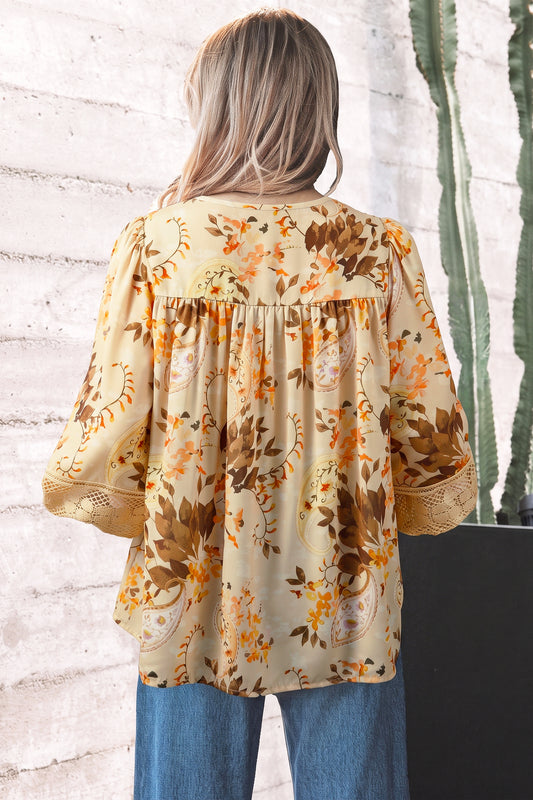 Khaki Paisley Print Decorative Binding Tape V Neck Shift Blouse