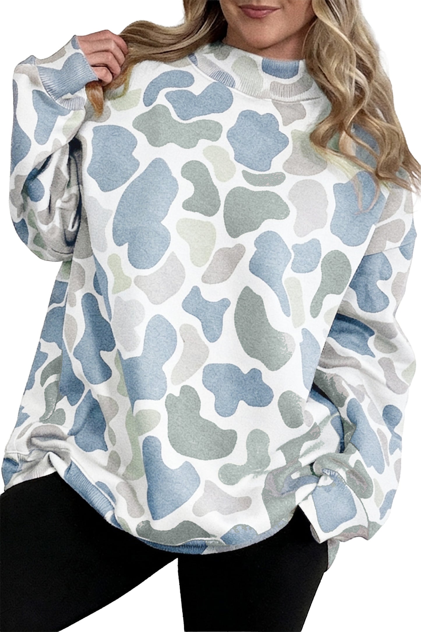 Sky Blue Camouflage Western Style Pullover Sweatshirt
