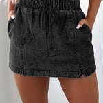 Black Drawstring High Waist Pocketed Denim Shorts