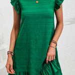 Dark Green Textured Flutter Sleeve Ruffled Mini Dress