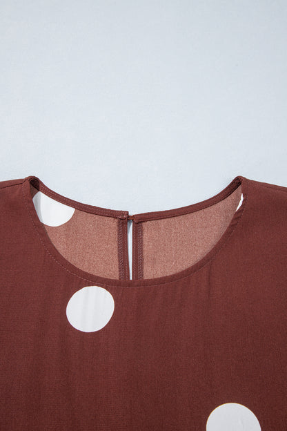 Brown Polka Dot Ruffled Hem Long Sleeve Tie Waist Plus Size Dress