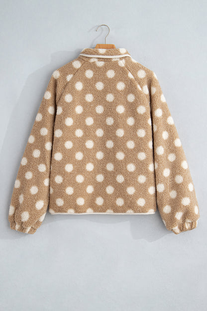 Khaki Polka Dot Faux Fur Metal Button Placket Shift Silhouette Jacket