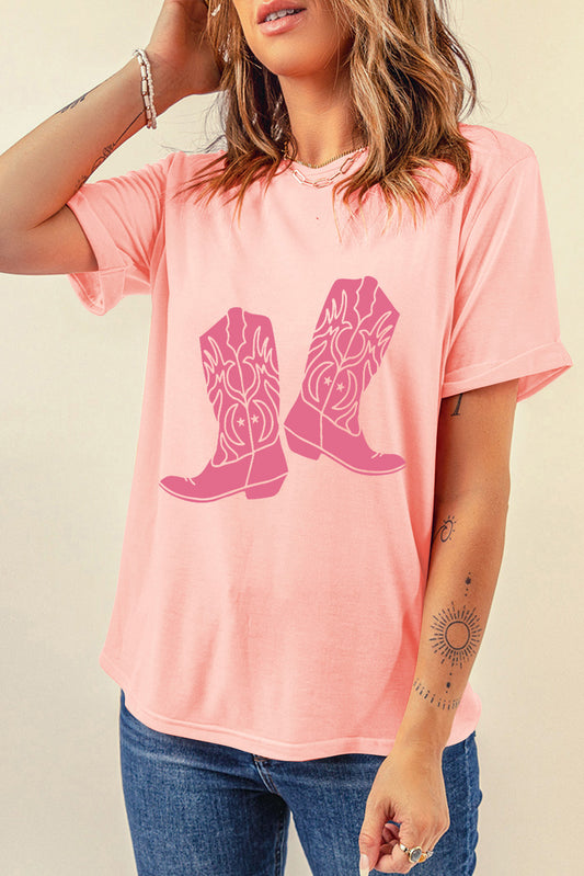 Pink Western Cowboy Boots Print Round Neck T Shirt