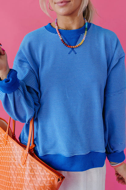 Blue Stripe Ribbed Cuffs Hem Long Sleeve Pullover Top