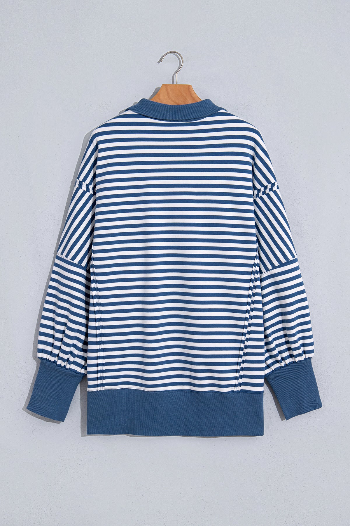 Blue Stripe Color Block Trim Raw Seam Split Hem Loose Pullover Sweatshirt