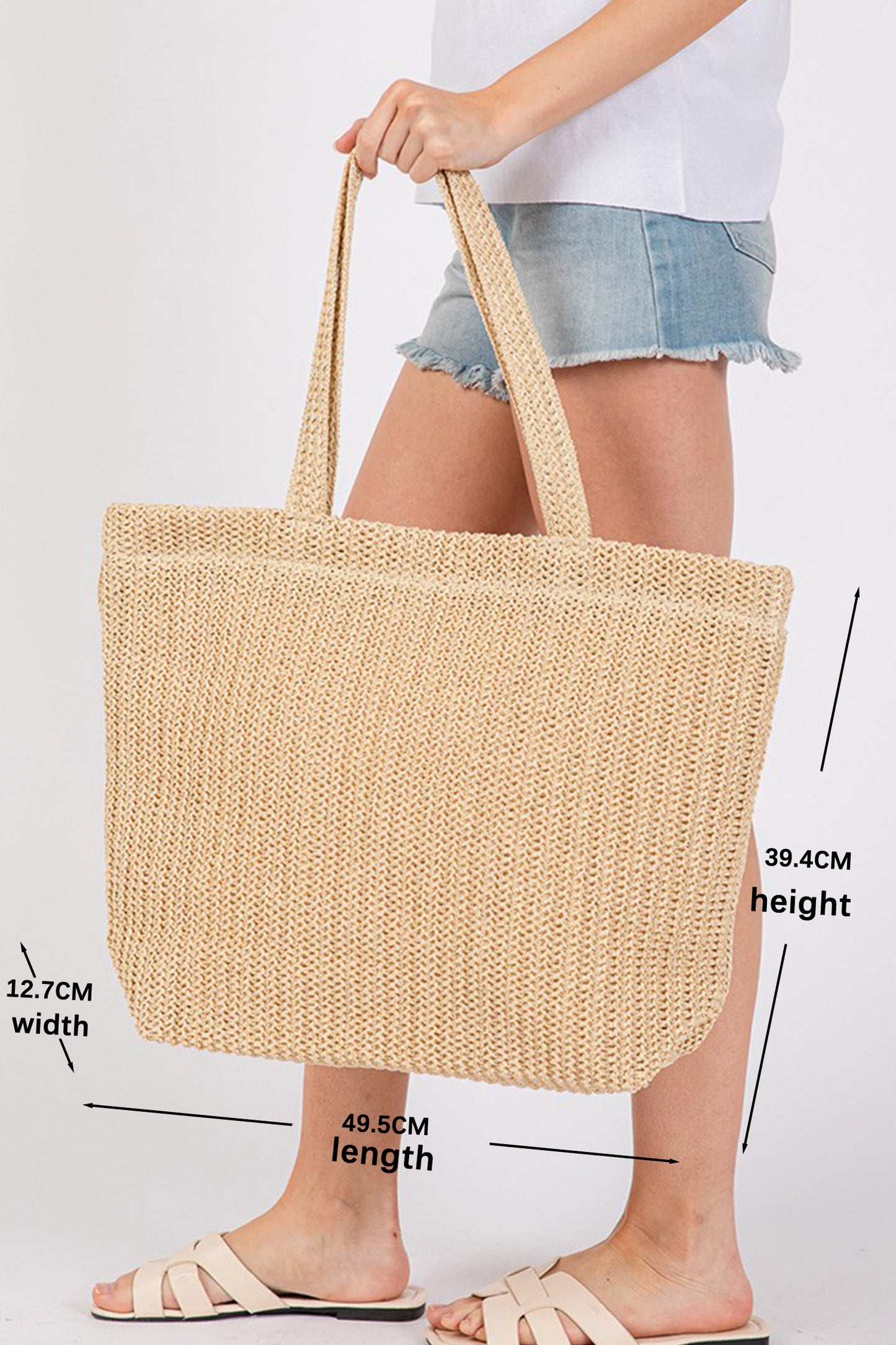 Camel Solid Color Straw Woven Summer Beach Tote Bag