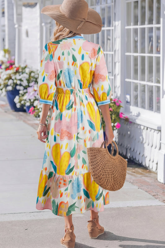 Multicolour Floral Doodle Print Striped Trim V Neck Midi Dress