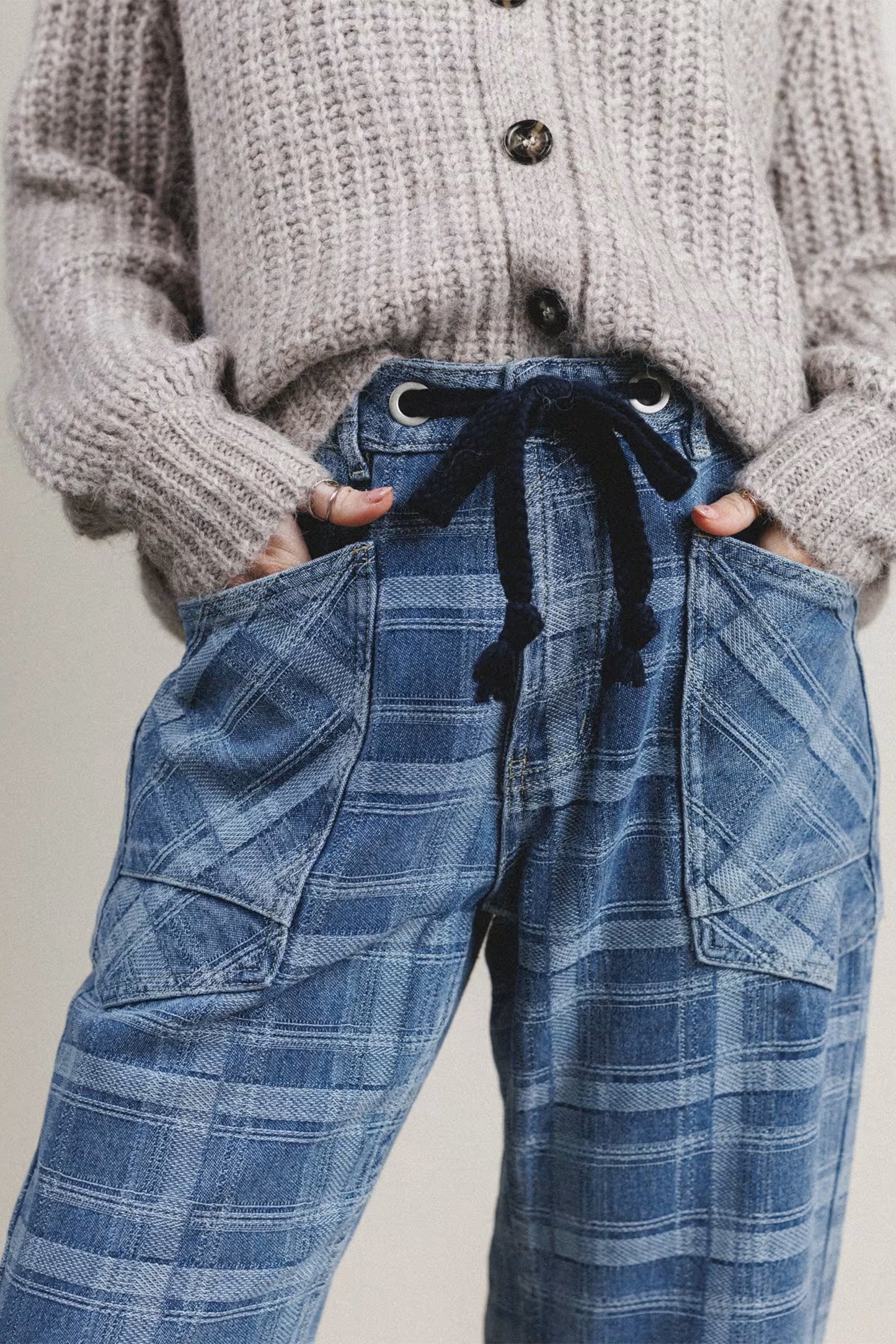 Sky Blue Plaid Denim Grommet Drawstring Waist Ankle-Length Jeans