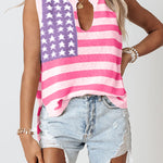Pink Stripe USA Flag Notched Neckline Loose Sweater Vest