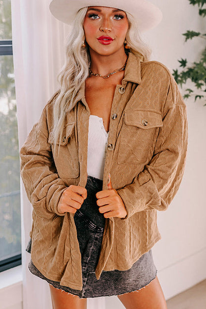 Veste-chemise à rabat en tricot torsadé camel 