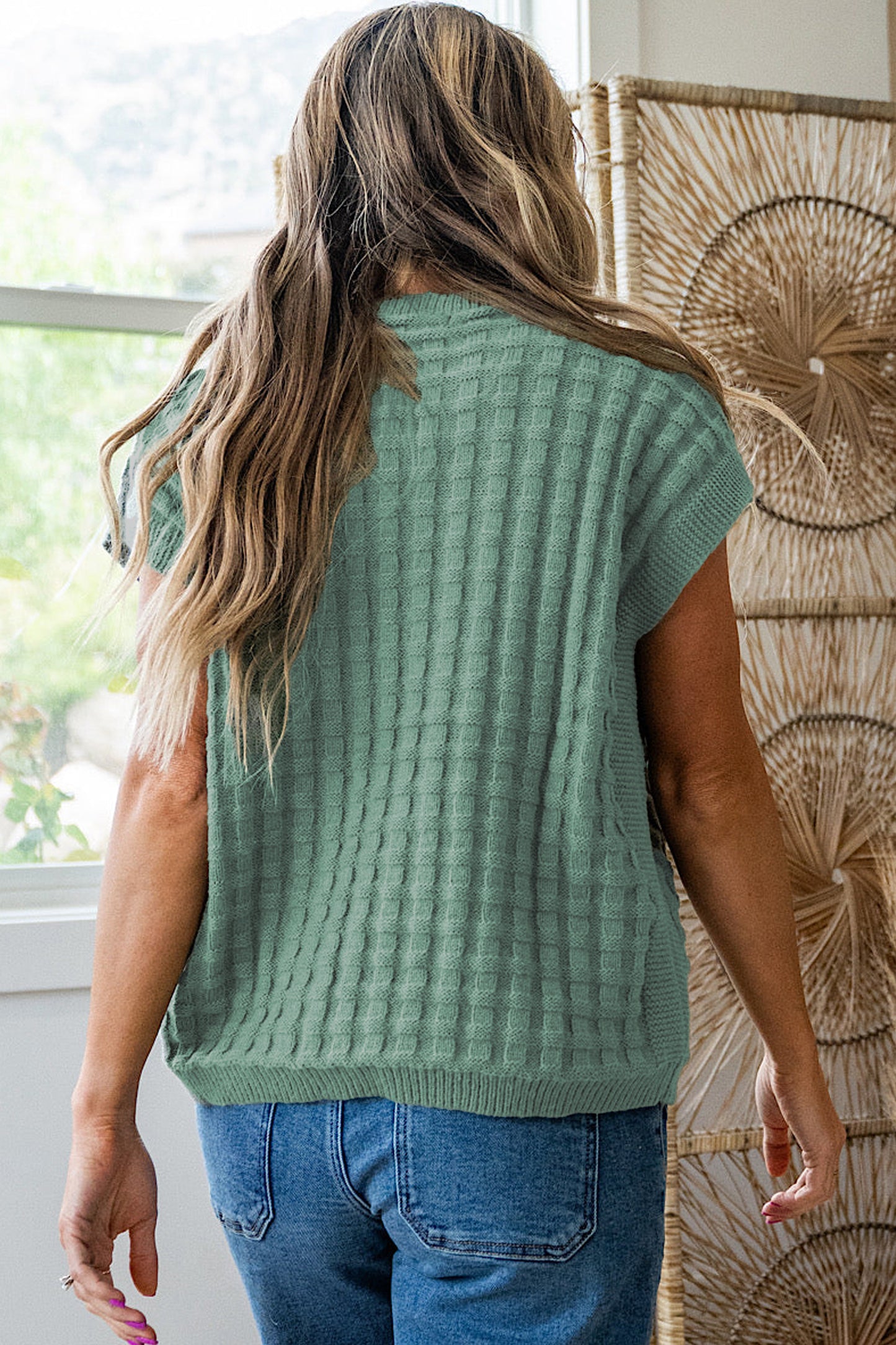 Mist Green Plus Size Solid Color Textured Knit Short Sleeve Sweater