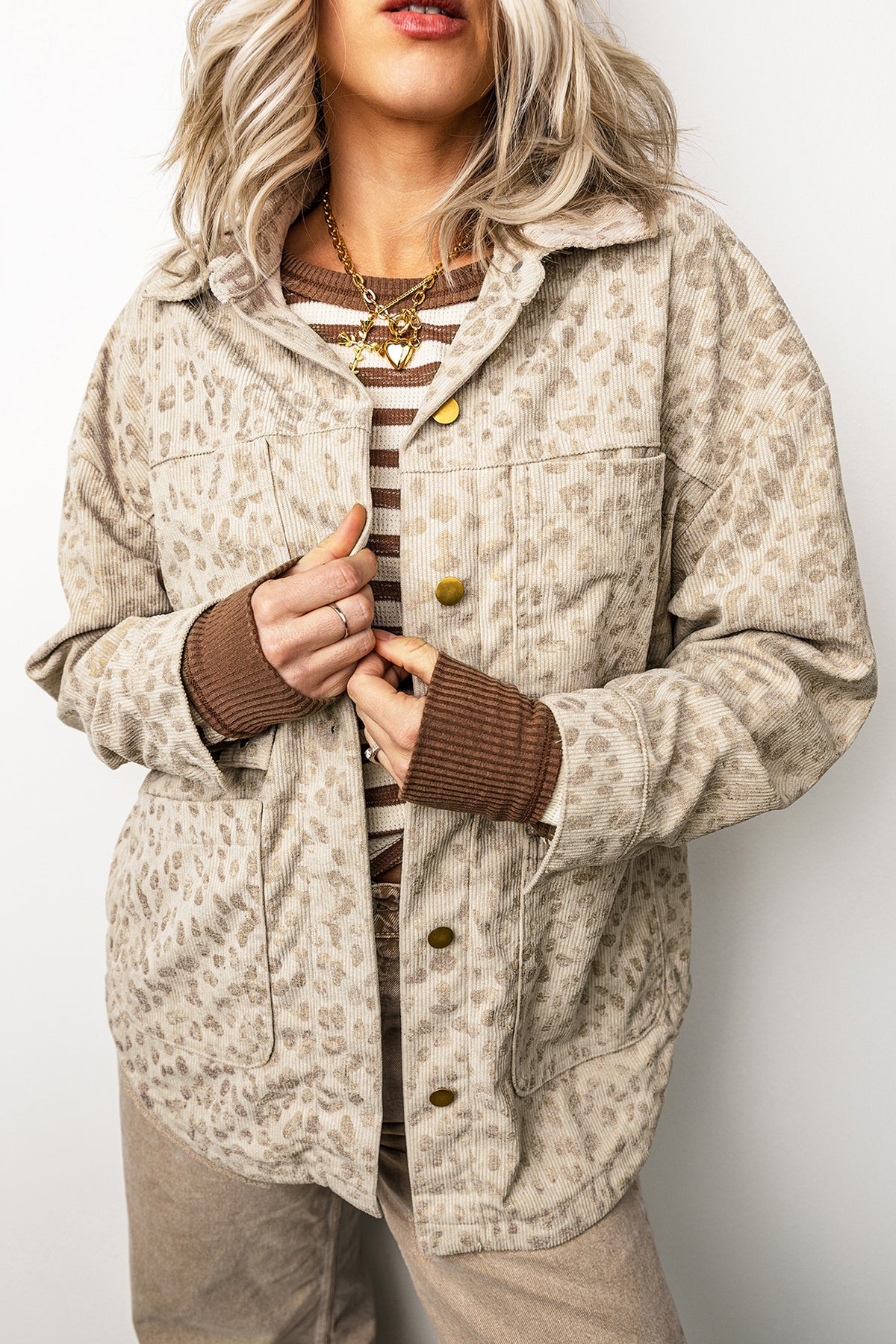 Khaki Leopard Print Corduroy Shirt Collar Long Sleeve Regular Fit Jacket