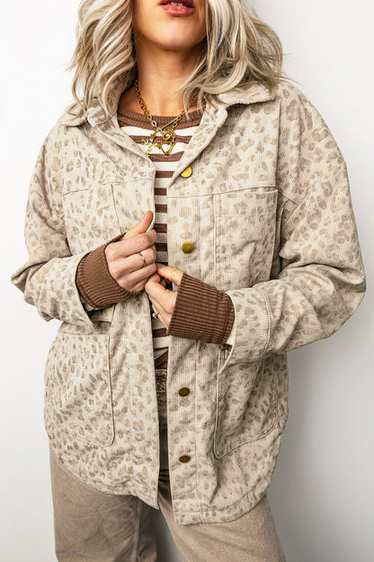 Khaki Leopard Print Corduroy Shirt Collar Long Sleeve Regular Fit Jacket