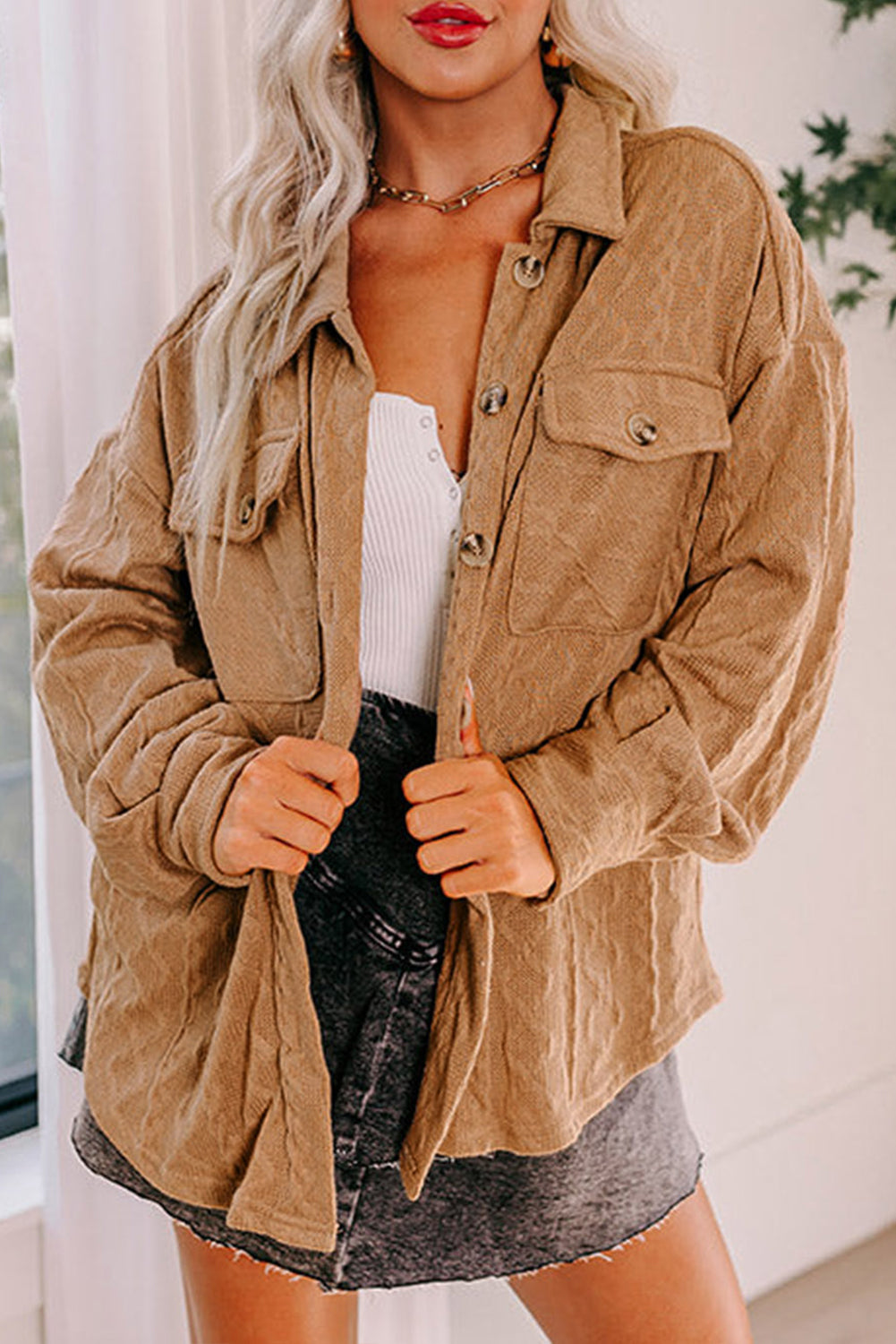 Veste-chemise à rabat en tricot torsadé camel 