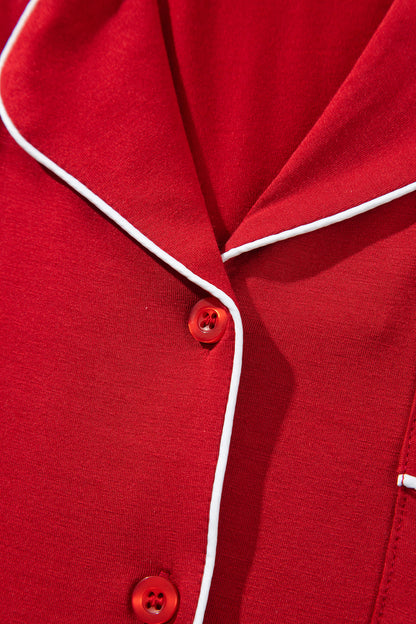 Racing Red Bow Pocket Detail Long Sleeve Shirt 2pcs Pajama Set