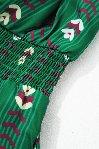 Green Floral Print V Neck Long Sleeve Shift Plus Size Dress