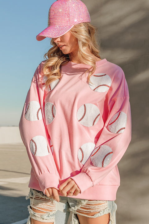 Pink Sequin Baseball Patched Pullover Sweatshirt