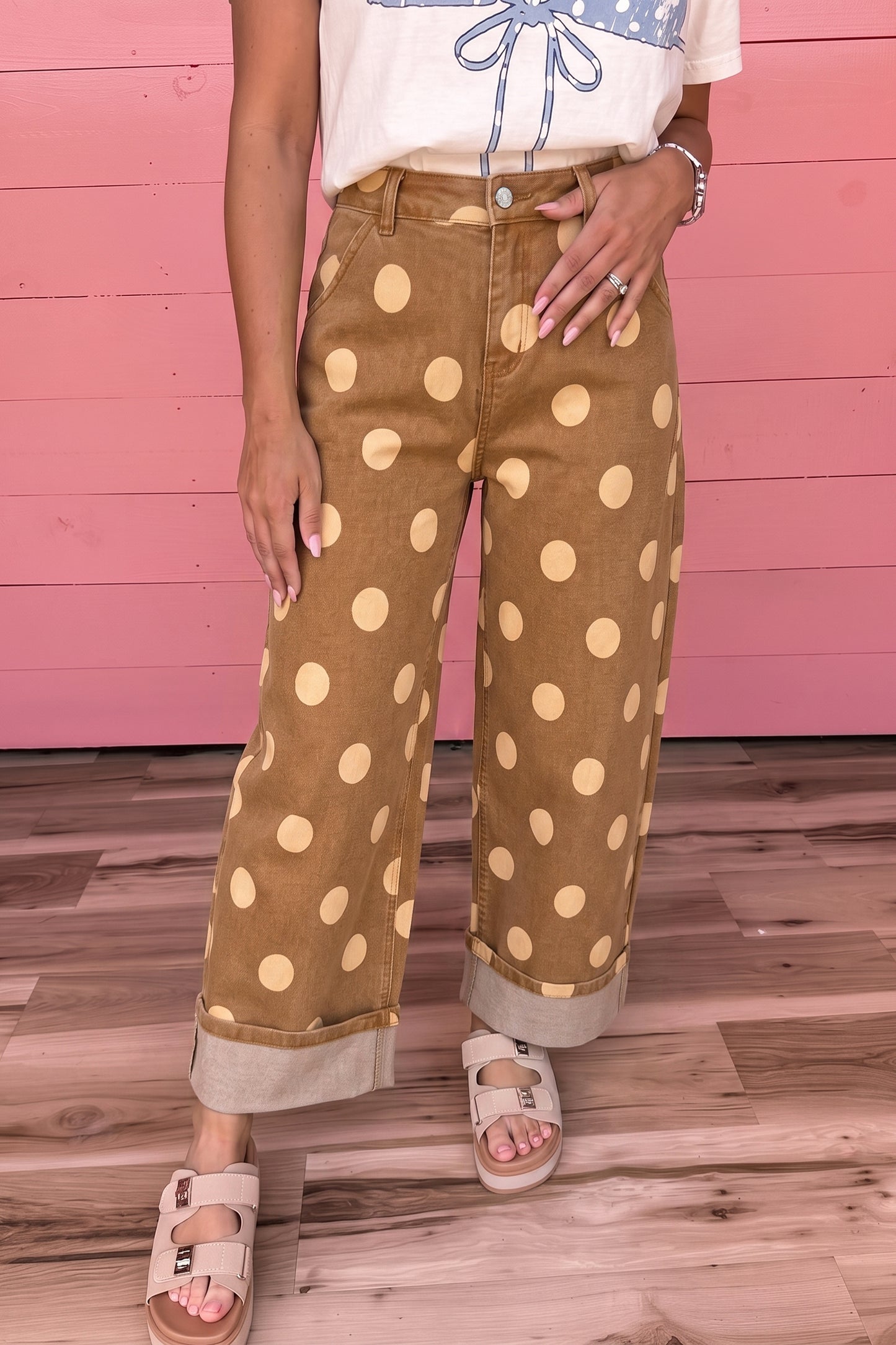 Brown Polka Dot Ankle-Length Metal Button Casual Jeans