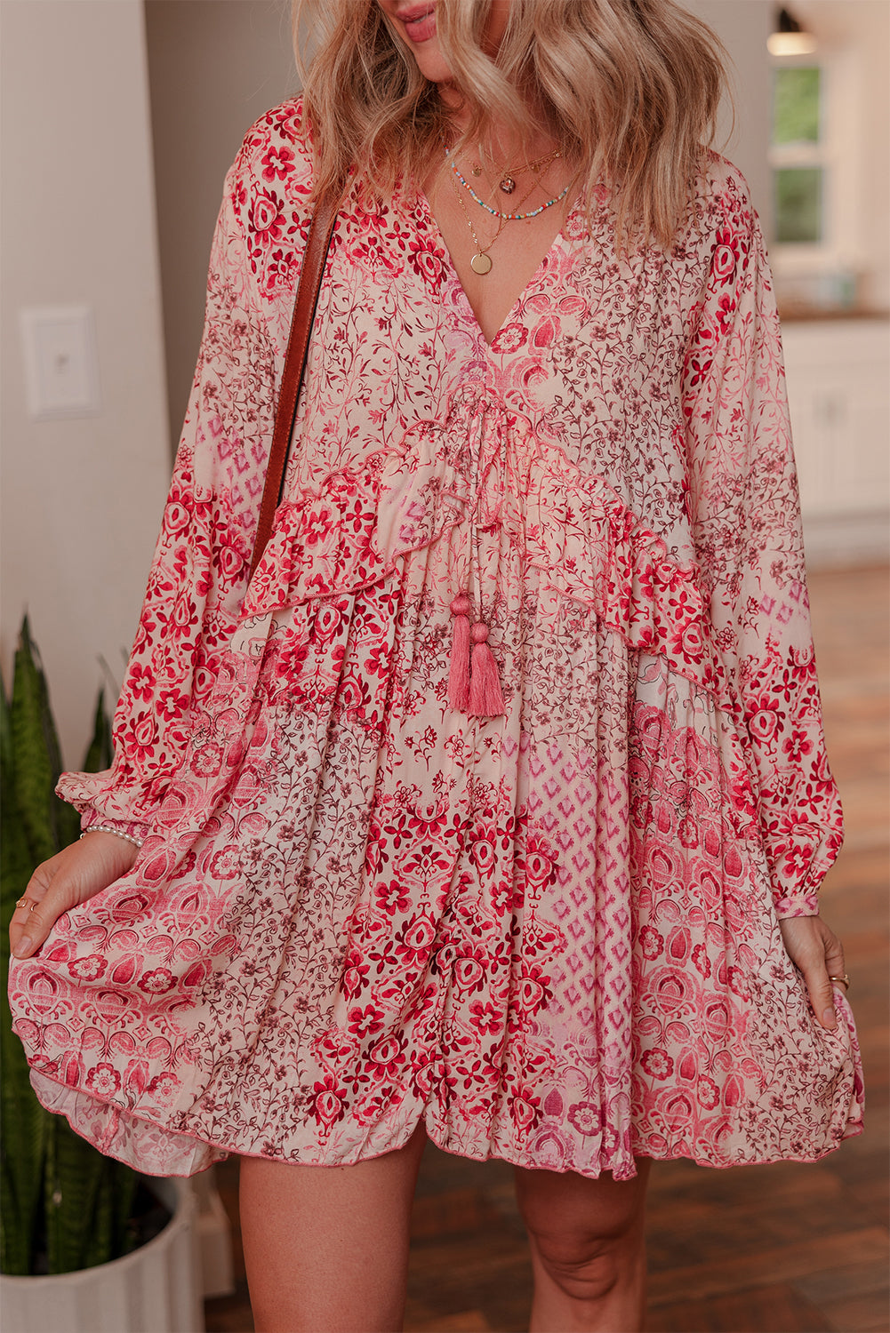 long sleeve flowy mini dress Pink Bohemian Floral Print Tassel Tie Pink / L / 100%Viscose bmsm-aug-2026 Simple Light Blue Chiffon have dress where comfort Style:pants