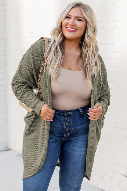 Cardigan grande taille en tricot gaufré Seagrass, épaules tombantes, ouvert sur le devant, poches