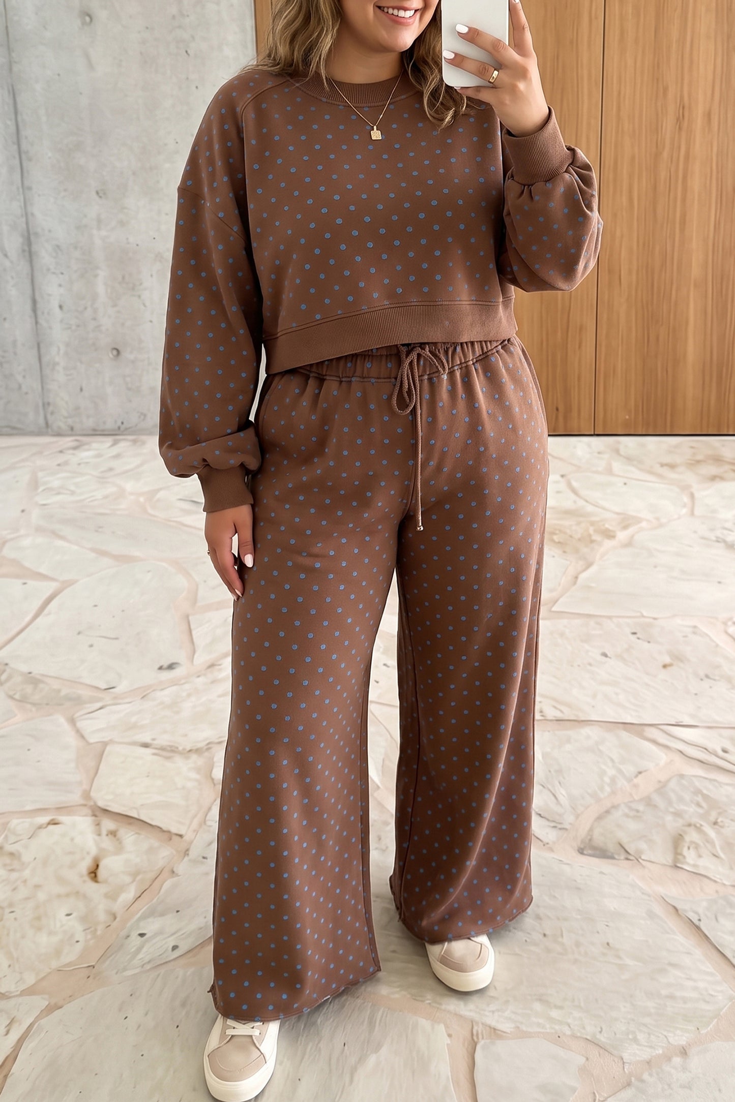 Brown Polka Dot Round Neck Long Sleeve Plus Size Set