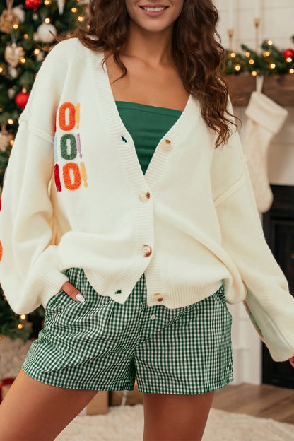 White Ho Ho Ho Slogan V Neck Button Front Embroidered Knit Cardigan