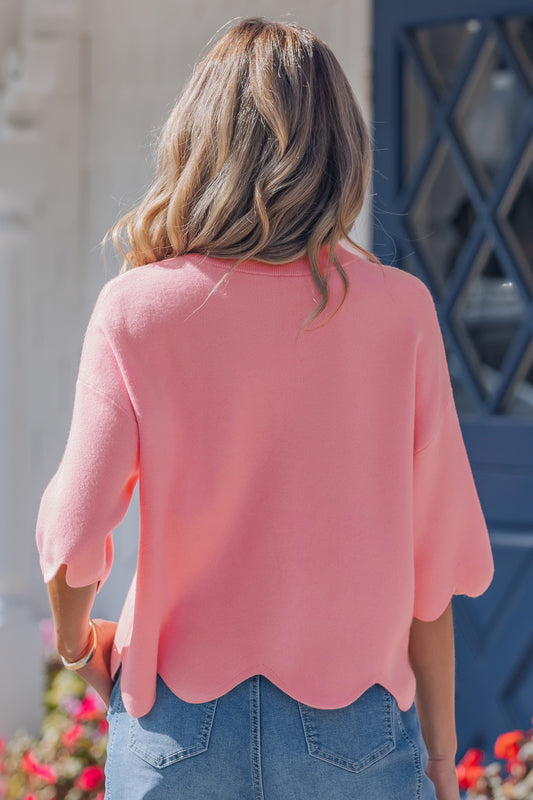 Pink Scalloped Hem 3/4 Sleeve Sweater Top