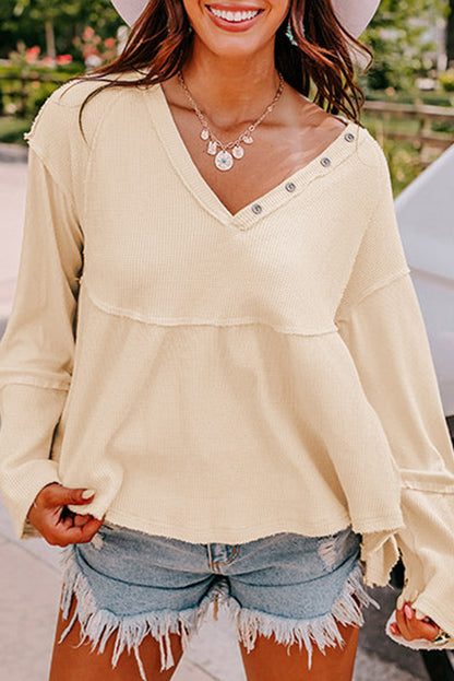 White Waffle Knit Button Detail Exposed Seam Flowy Top