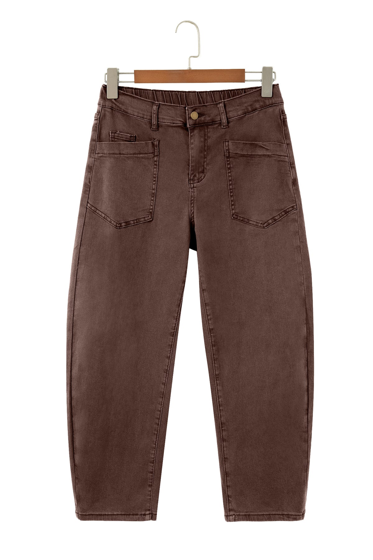 Coffee Solid Color Square Patch Pocket Ankle-length Barrel Jeans