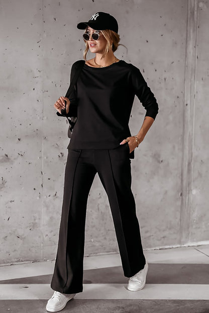 Ensemble pull noir uni et pantalon décontracté à coutures 
