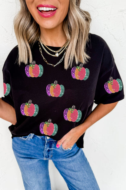 Black Sequined Pumpkin Graphic Round Neck Casual T Shirt