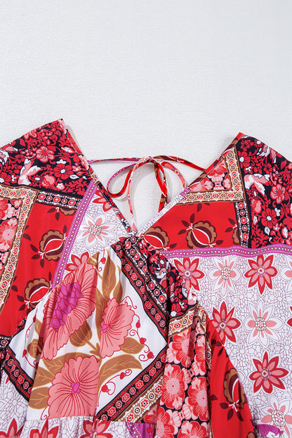 Robe grande taille à manches longues, col en V, lacets, imprimé floral, rose et bleu