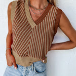 Gilet col V en tricot à chevrons contrastés beige clair