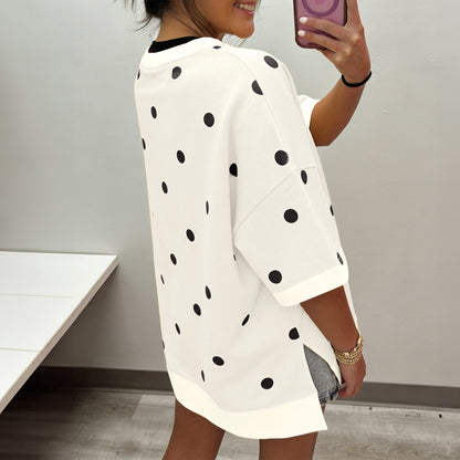 Beige Polka Dot Print Crossed Seam Detail Oversize Tee