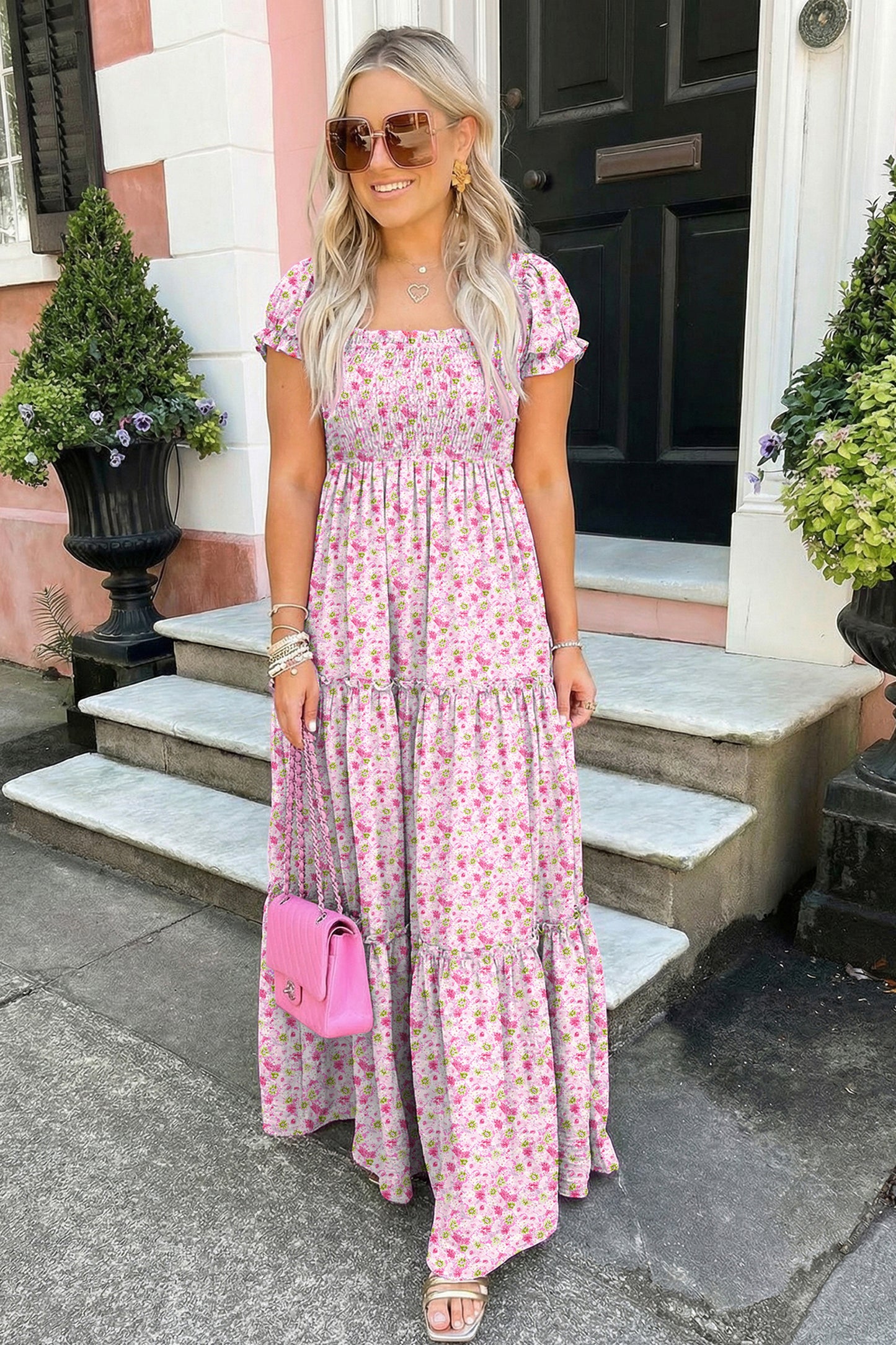 Pink Floral Short Bubble Sleeve Shirred High Waist Maxi Dress