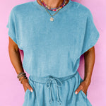 Mist Blue Mineral Wash Drawstring Waist Hollow Out Back Short Sleeve Romper