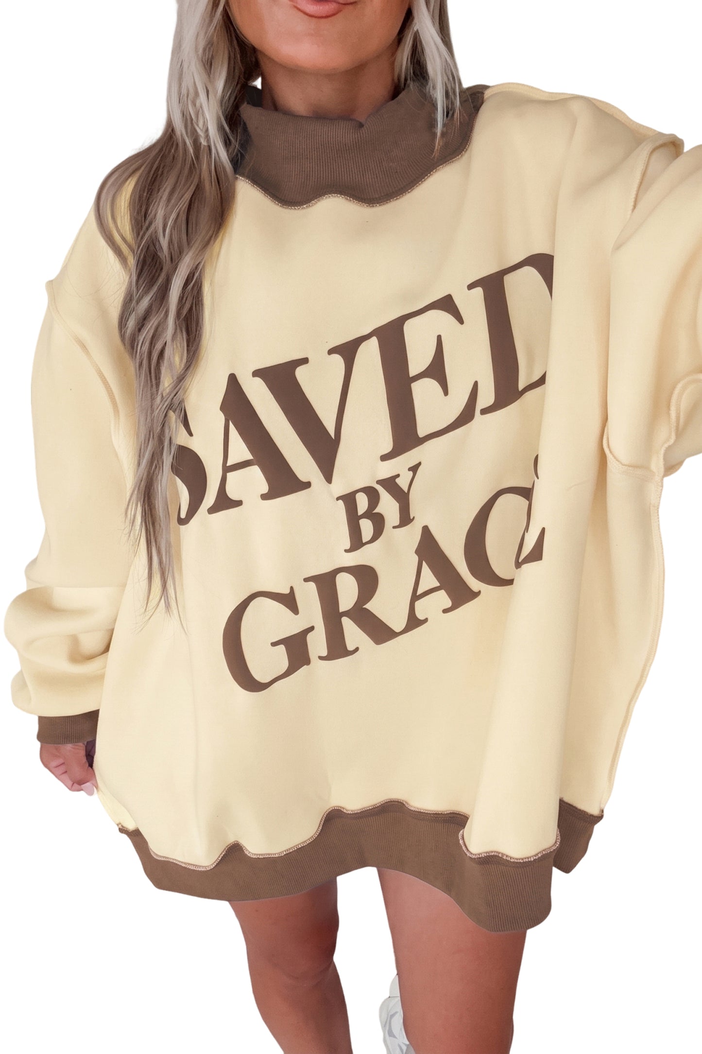 Coffee Saved By Grace Print Color Block Mock Neck Oversized Sweatshirt