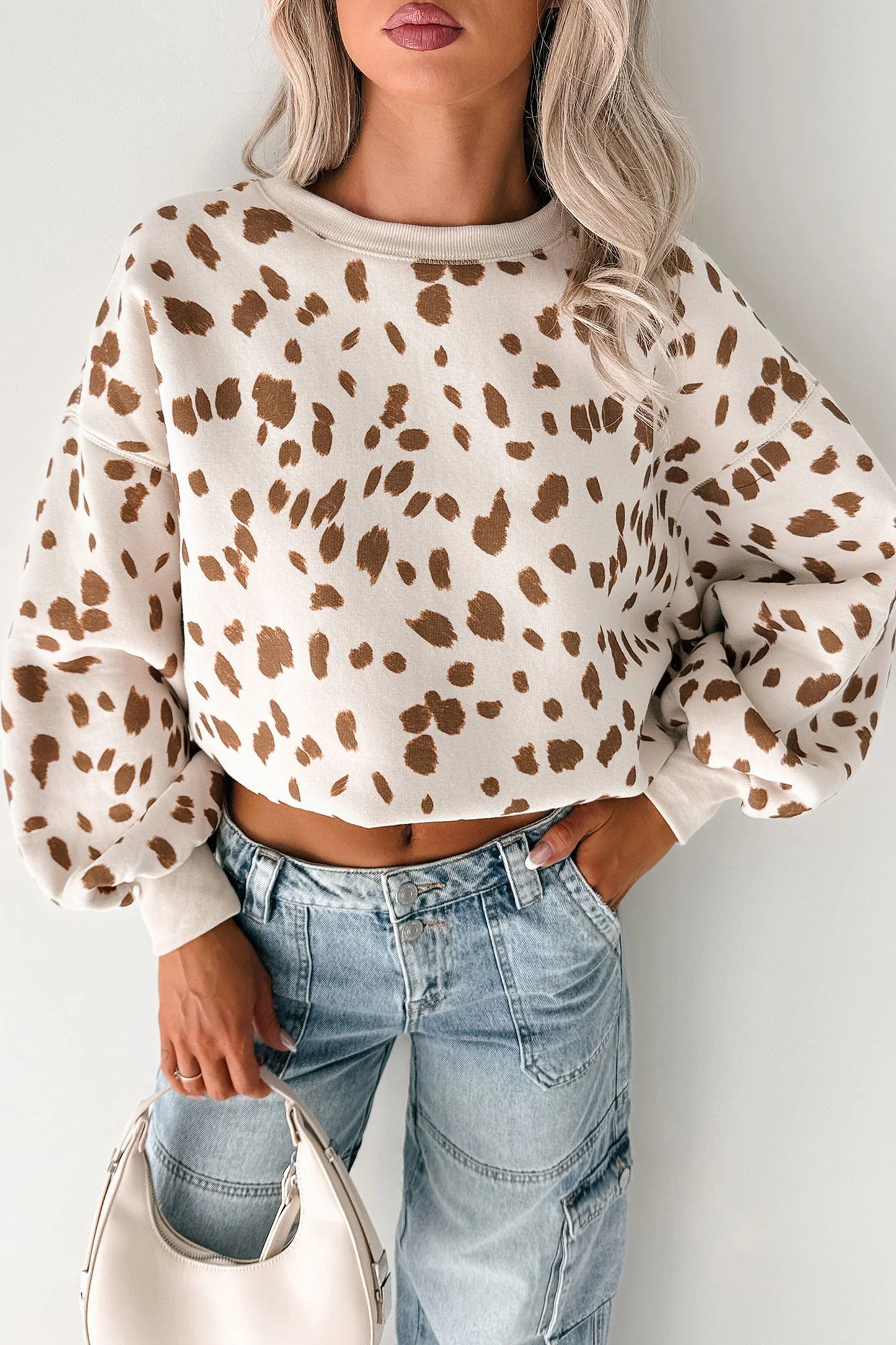 Brown Leopard Print Dropped Shoulder Round Neck Casual Sweatshirt