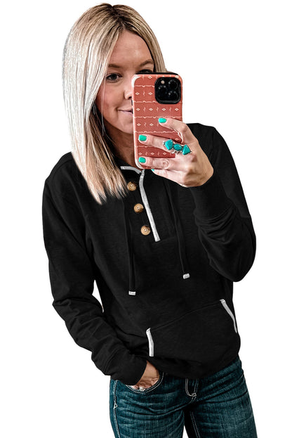 Black Drawstring Kangaroo Pocket Henley Hoodie