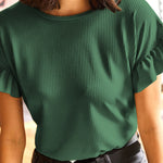 Blackish Green Solid Color Ribbed Ruffled Short Sleeve T Shirt